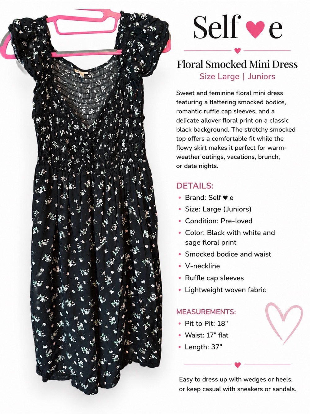Self•e Black Floral Smocked Mini Dress